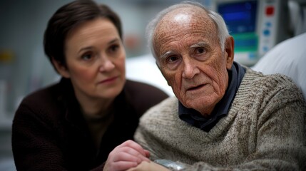 A social worker provides emotional support to an elderly man during a hospital visit, ensuring he feels understood and cared for in a challenging situation