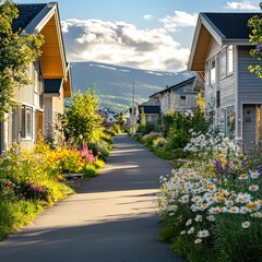 Picturesque Village Street with Blooming Flowers and Mountain View