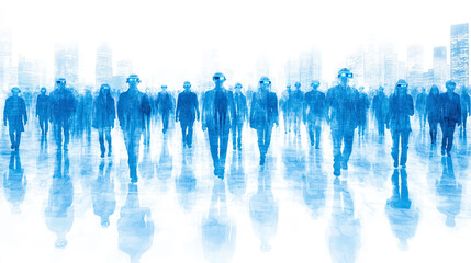 A Digital Cityscape Filled With People in Blue Attire and Virtual Reality Headsets Walking Confidently During a Futuristic Dawn