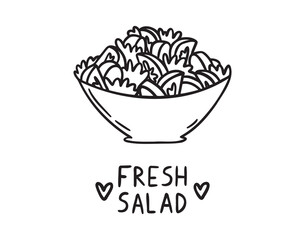 Bowl of salad doodle hand drawn icon. Outline drawing bowl of fresh salad line clipart symbol