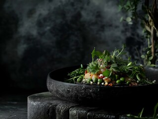 dark moody food photography, vegetables in a dark pan, steam rising, rustic kitchen setting