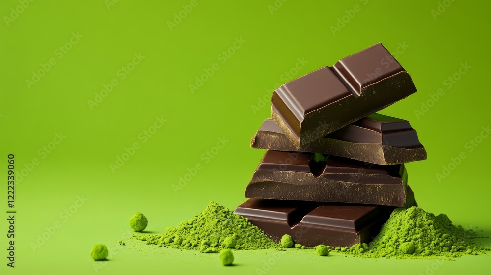 Poster stack of chocolate bars on a green background. the chocolate bars are piled on top of each other, cr