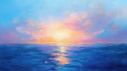 Oil painting of a vibrant sunset over a calm ocean with soft clouds and reflective water