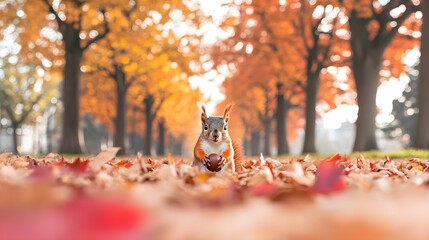 Adorable Red Squirrel Holding Nut in Autumn Leaves Park