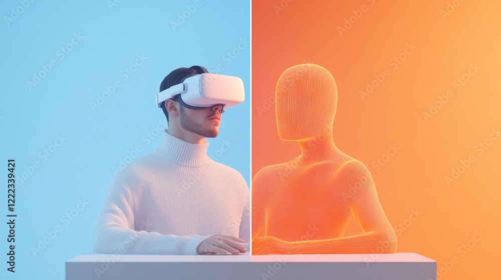 Poster Minimalist VR Collaboration Modern Split-Screen Design with Futuristic Avatars in Vibrant Workspace - Tech Innovation for Remote Teams and Digital Creativity