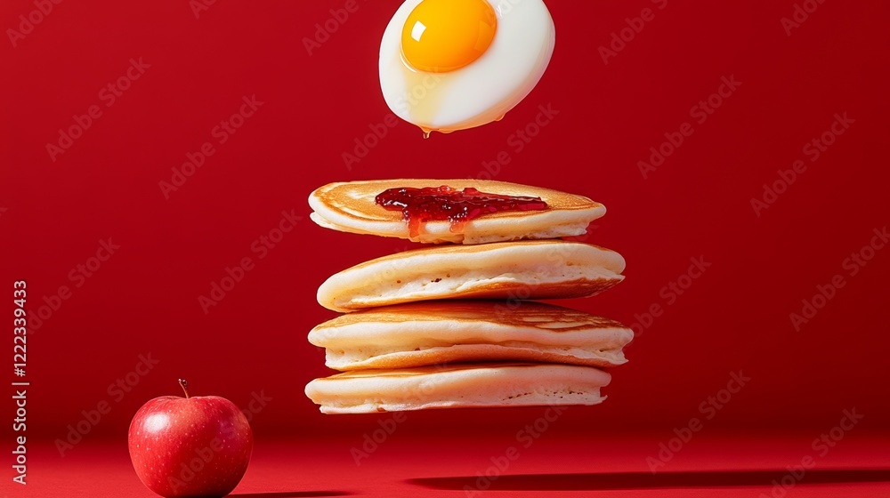 Aufkleber stack of pancakes with a fried egg on top. the pancakes are piled on top of each other and the egg i