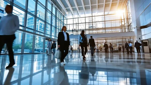 Busy urban office lobby with professionals walking, large glass windows, and modern architecture
