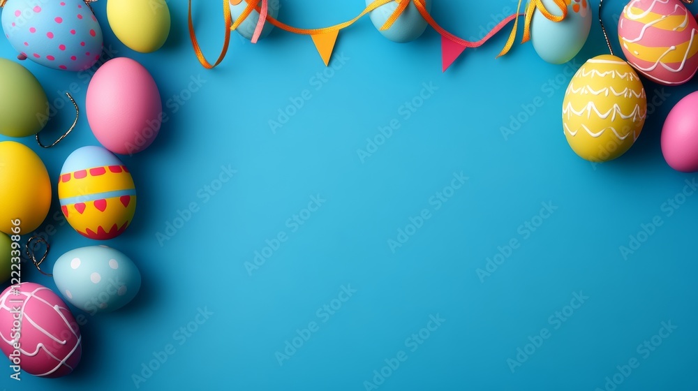 Poster blue background with a bunch of colorful eggs on it. the eggs are in various sizes and colors, and t