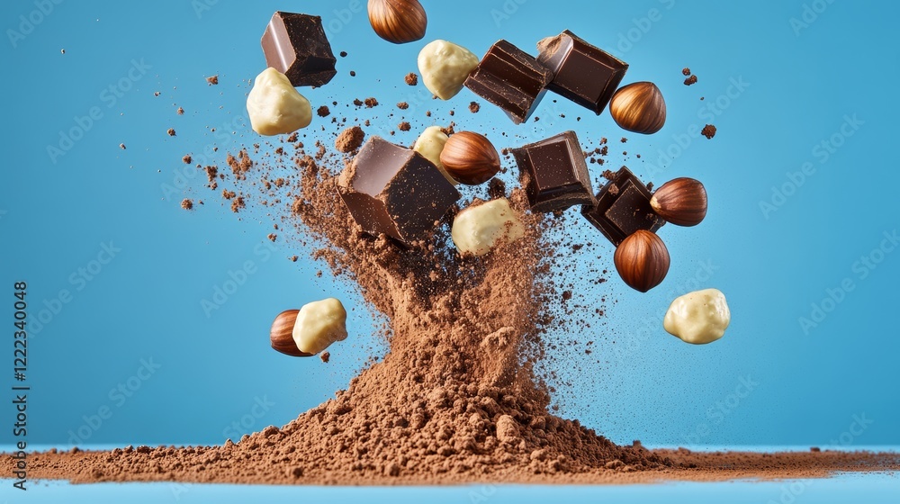 Aufkleber pile of chocolate and nuts is flying through the air. concept of excitement and energy, as if the ch