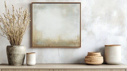 Elegant minimalist arrangement with empty frame and bench vase styled in home