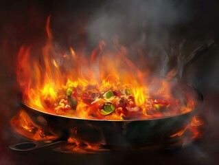 food cooking in a pan, intense flames, dark background, motion blur, culinary scene