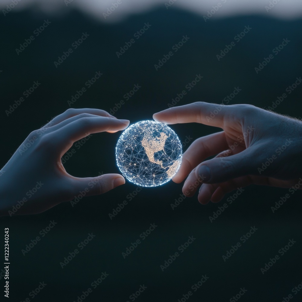 Poster futuristic virtual collaboration vr glove and bare hand with holographic globe - tech aesthetic for 