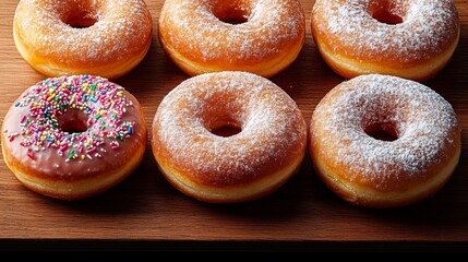 Row of donuts with one of them having sprinkles on it. The donuts are arranged in a row on a wooden table