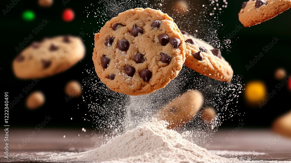Poster cookie is flying through the air with a cloud of flour behind it. concept of playfulness and fun, as