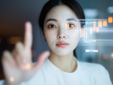 Futuristic Collaboration Asian Woman Navigating Holographic Interface in Modern Home Office - Tech Innovation and Remote Work Solutions