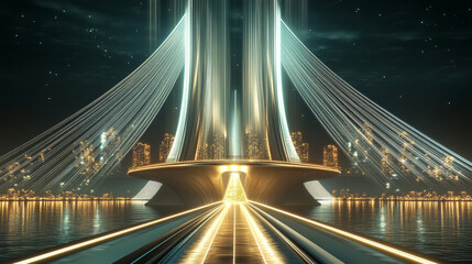 Obraz premium Neon city light and speed bridge road above sea. Cityscape with water landscape. Motion line on highway in metaverse. Speedway laser track movement to futuristic bright urban skyline illustration.