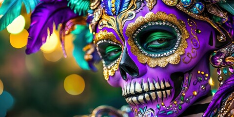 mardi gras calavera, purple, green, gold