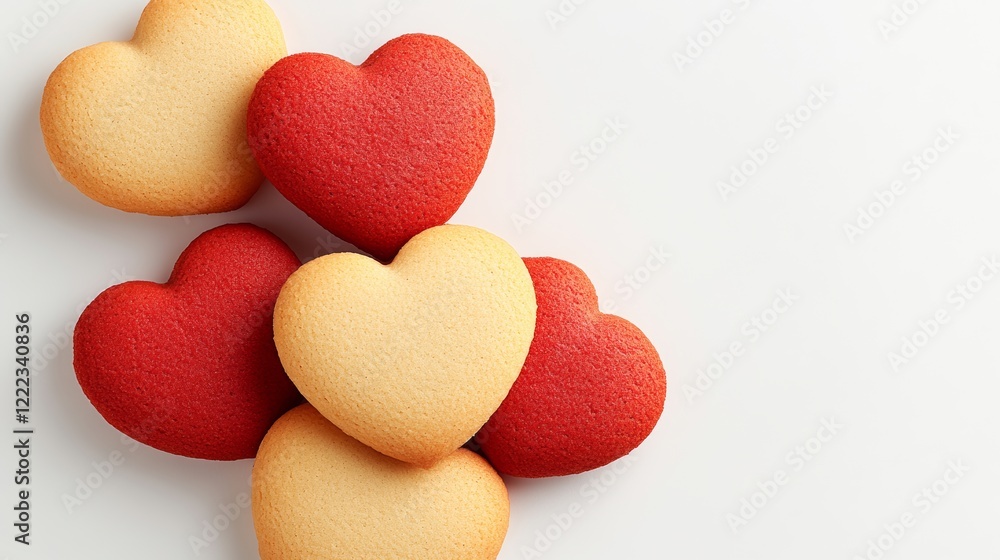 Poster close up of a group of heart shaped cookies. the cookies are red and yellow and are arranged in a ro