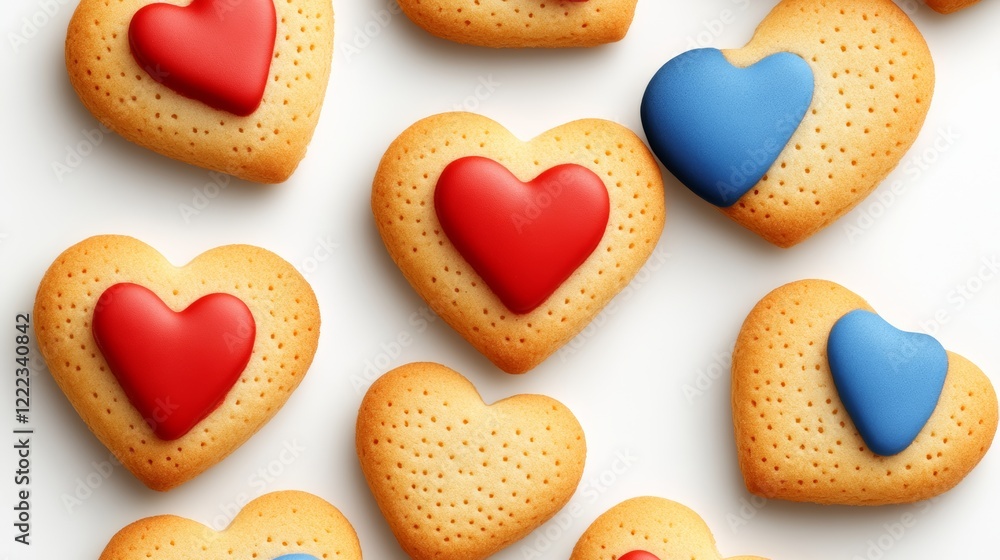 Poster row of cookies with hearts on them, some red and some blue. the cookies are arranged in a way that t