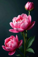 Obraz premium Pink peony blooms on a dark charcoal background with intricate details, flora, peony