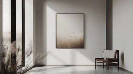 Fototapeta premium Empty wall with bench vase and frame in minimalist design arrangement