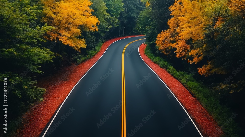 Poster road with a yellow line down the middle and trees on both sides. the road is empty and the trees are