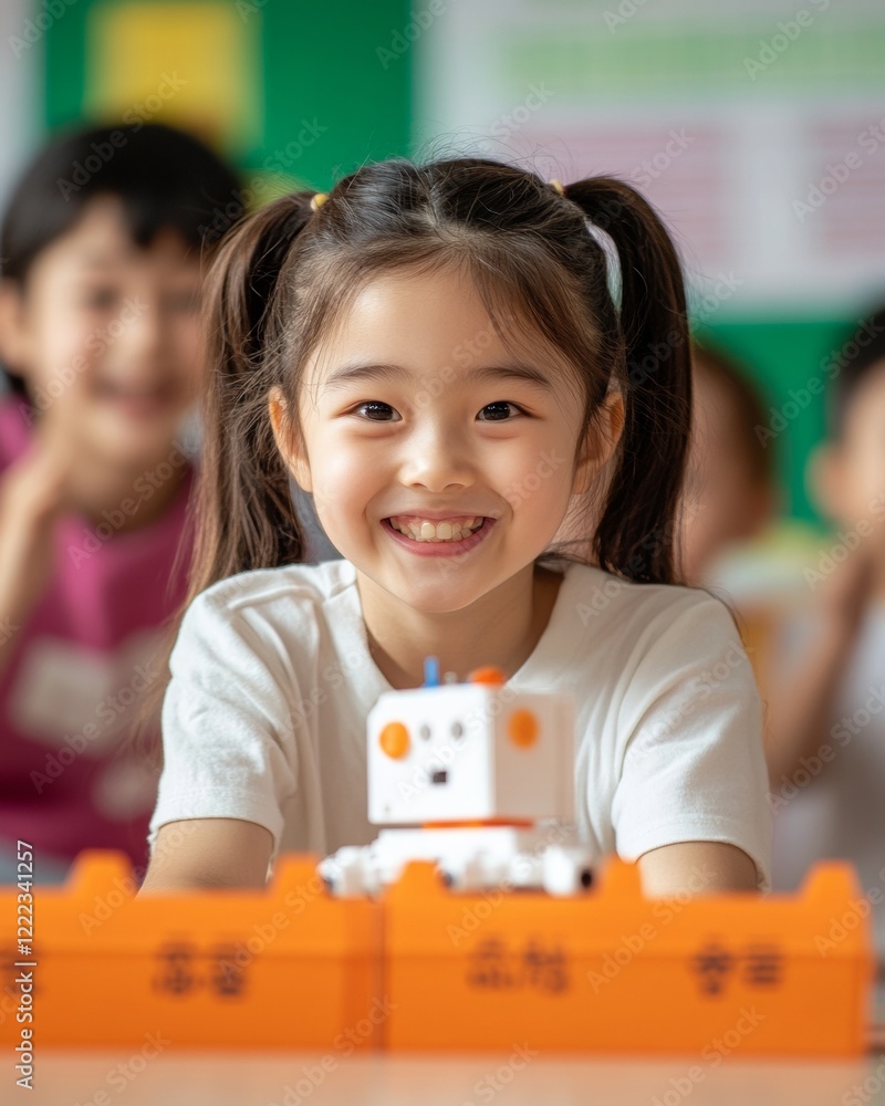 Aufkleber ai-enhanced learning experience smiling asian girl with educational robot in motion interactive tech
