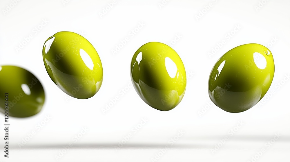 Poster four green olive-shaped objects flying through the air. the objects are all different sizes and are 