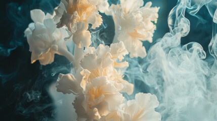 Abstract close-up of flowing white smoke with floral shapes