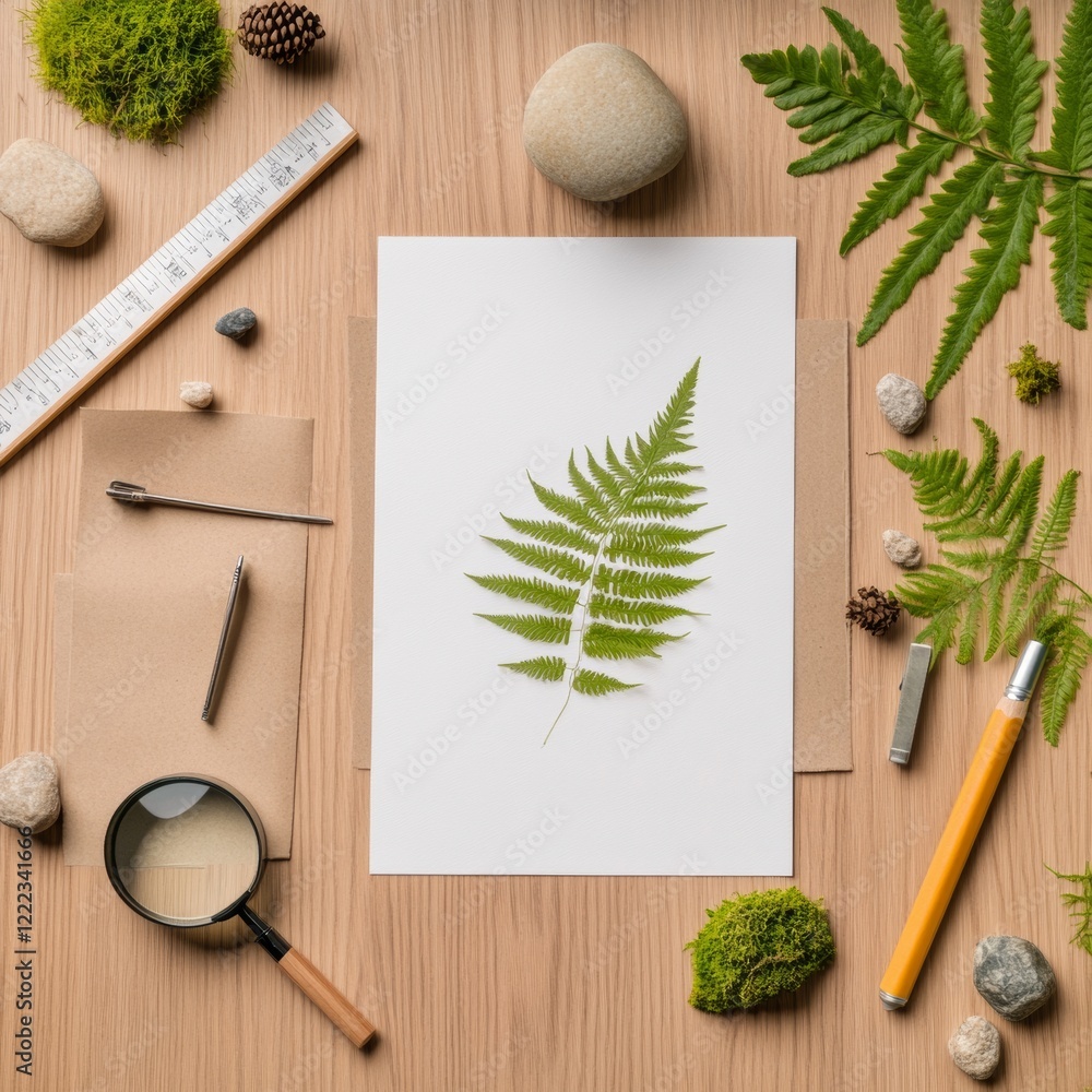 Poster contemporary biomimicry design fractal fern sketches on wooden desk with tools and natural elements 