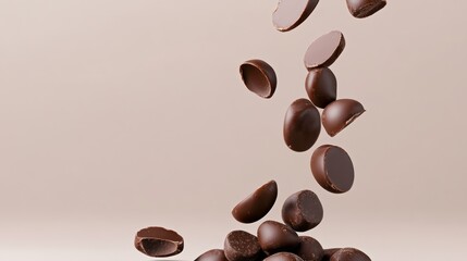 Obraz premium Pile of chocolate pieces with some of them missing. Concept of indulgence and enjoyment, as the chocolate pieces are scattered and falling