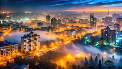 Fototapeta premium A misty Kyiv night: Poznyaky's highrises pierce the fog, a breathtaking cityscape.
