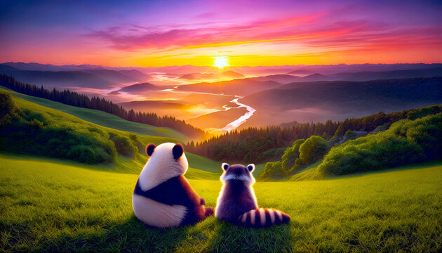 Eternal Companions. A panda and a raccoon sit atop a lush hill, gazing at a golden river winding through the mountains, as the sunset paints the sky with wonder hues of pece, reflection and friendship