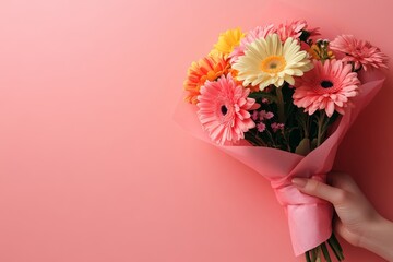 A hand holding flowers wrapped in pink paper, on the right side of an empty light red background