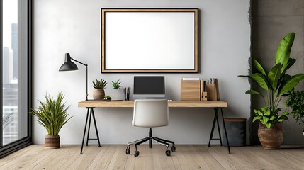 Minimalist home design with decor bench vase and empty wall frame layout