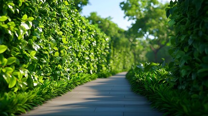 Lush Green Pathway Surrounded by Vibrant Foliage and Sunlight