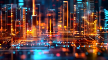 Fototapeta premium A futuristic cityscape made entirely of reflective glass and neon circuits. 