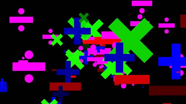 33 seconds math operators plus minus divide multiply flying out of black background hd video