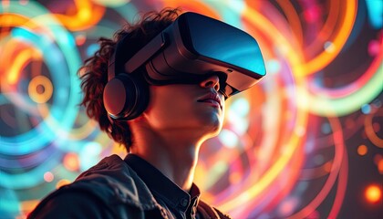 Young caucasian male experiencing virtual reality with headset and colorful lights