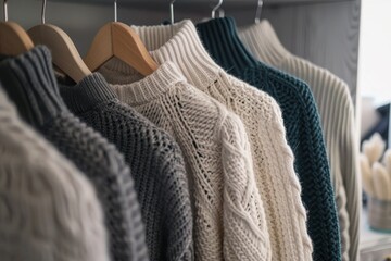 Fototapeta premium Warm knit sweaters displayed on wooden hangers in a cozy indoor setting, inviting a sense of comfort and style during the fall season