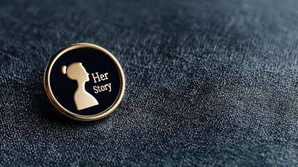 Women History Month. close up of pin featuring woman silhouette and text Her story