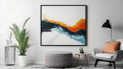 Minimalist living room featuring vibrant yellow sofa and colorful abstract wall art design