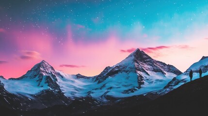 Majestic Mountain Range at Twilight: A Breathtaking View Under a Starlit Sky