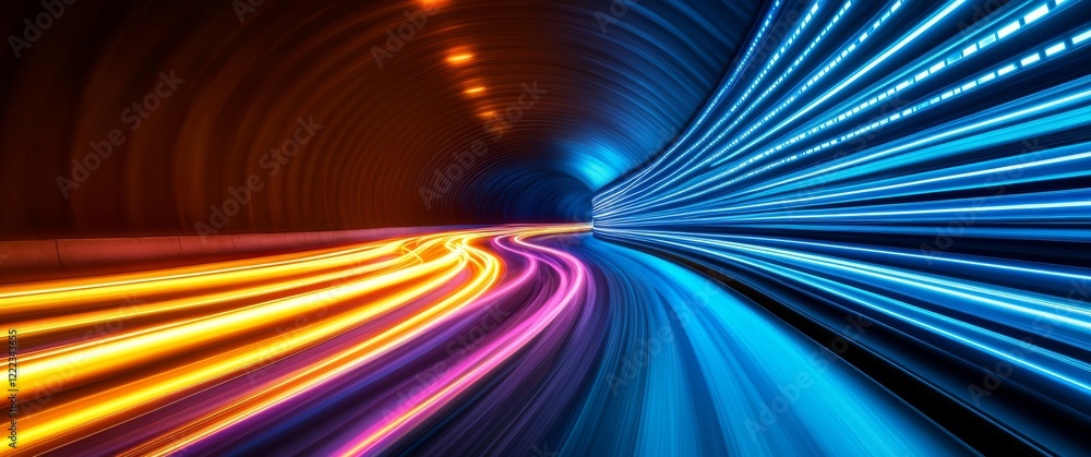Poster tunnel with a colorful line running through it, creating a sense of movement and energy. the tunnel 
