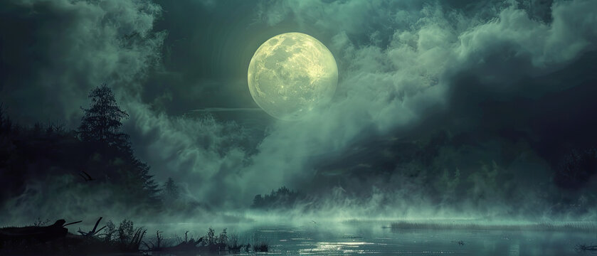 Full moon over magical fantasy lake surrounded by forest. Mist, fog, calm surface of a lake, mysterious dramatic vibe