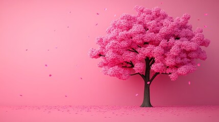 Pink tree with pink leaves is in front of a pink wall. The tree is surrounded by pink leaves and pink petals, creating a serene and peaceful atmosphere
