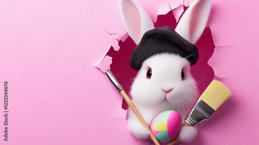 Poster rabbit holding a paintbrush and an egg. the rabbit is wearing a hat and is standing in front of a pi