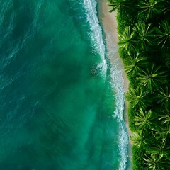 Aerial View of Serene Tropical Beach with Lush Green Palm Trees