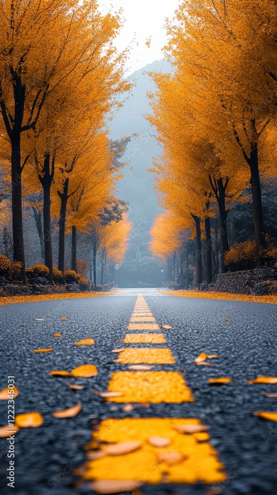 Poster road with yellow lines and trees on either side. the road is empty and the leaves are falling
