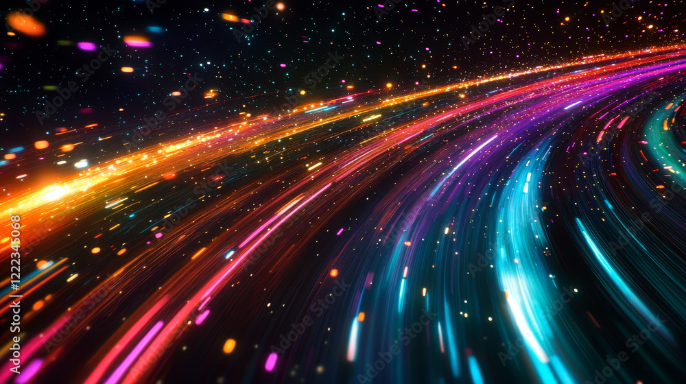 Poster burning asteroid and comet collection - celestial rocks with luminous trails in different colors, fl